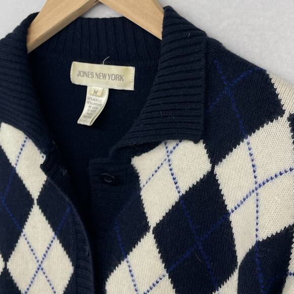 JONES NEW YORK Sweater M Argyle Lambswool Button Front Cardigan Blue HK VTG - Picture 6 of 15